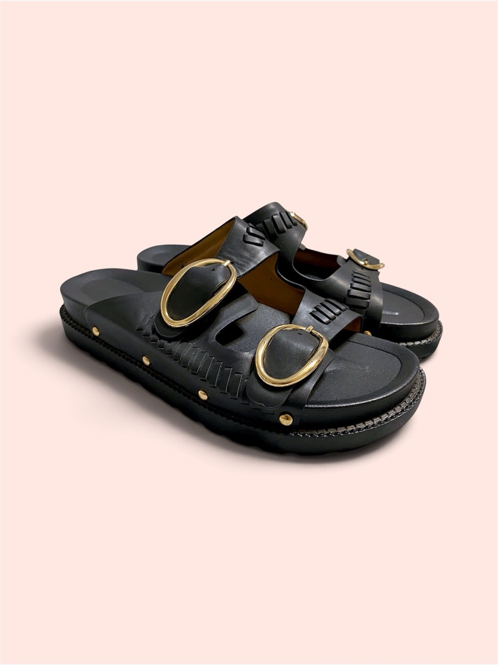 Indigo Rd Black Chunky Sandals w Gold Hardware, Size 8